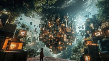 Obraz premium Surreal Cityscape: A Boy Gazes at a Floating City