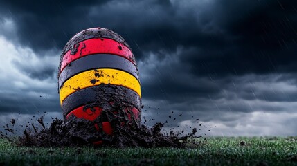 A vibrant rugby ball emerging from muddy turf against a dark stormy sky, capturing the essence of resilience in sports.