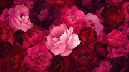 Obraz premium Full frame close-up of beautiful peony flowers in magenta pink and burgundy hues, ideal for luxury celebration designs, weddings, and festive events.