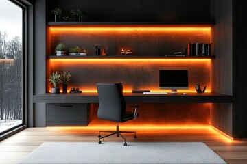 Modern home office with warm lighting and a minimalist design.  Perfect workspace with a sleek desk and comfortable chair.