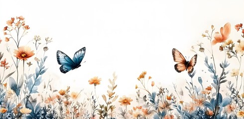 Watercolor painting of butterflies amidst wildflowers