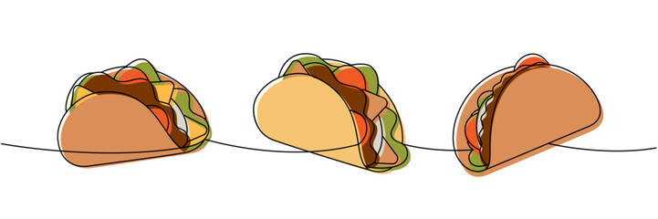 Mexican tacos one line colored continuous drawing. Tacos tortilla with meat with vegetables. Vector linear illustration.