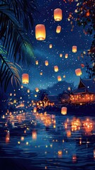 Serene Night Scene with Floating Lanterns over Calm Water