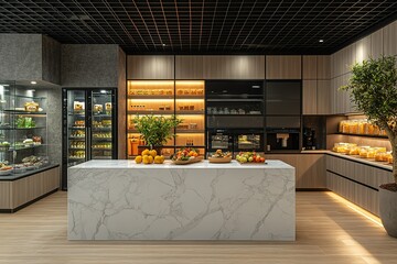 Modern kitchen with marble island, abundant storage, and fresh produce display.