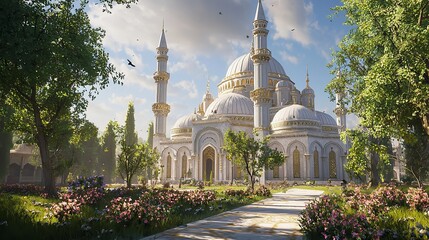 Fototapeta premium A grand mosque with intricate architecture and lush surroundings under a blue sky.