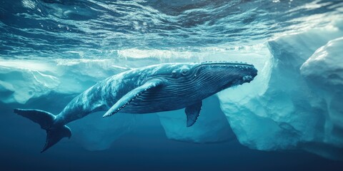 Underwater image of an orca and calf, swimming in cold ocean waters with bubbles rising above them.