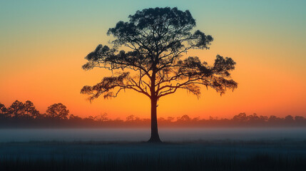 Lone tree silhouette against vibrant sunrise in misty field.