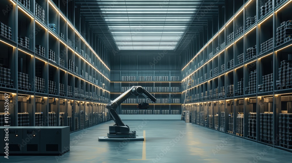 Poster advanced robotics in a modern warehouse environment with shelving