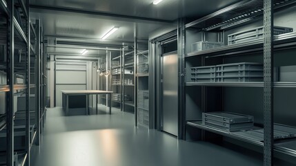 Naklejka premium Industrial Warehouse Interior with Shelving and Work Tables