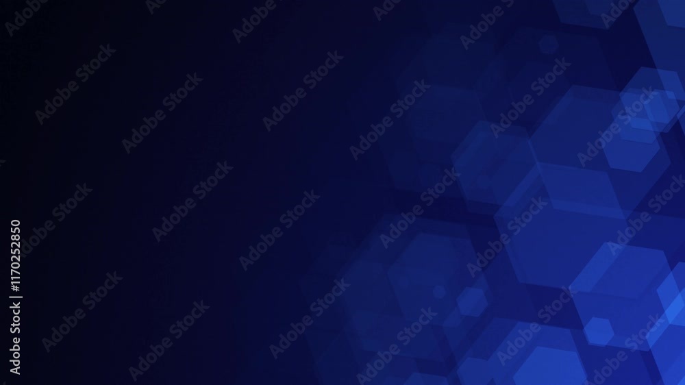 Poster blue hexagon shapes are moving from the bottom right of a gradient grid abstract background, horizon