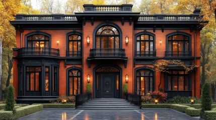 Elegant mansion with black accents amidst autumn foliage.