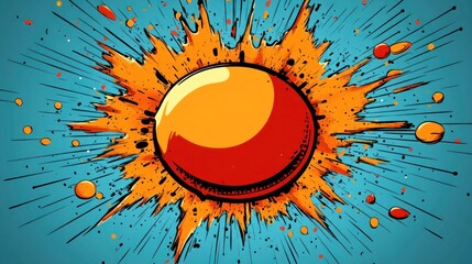 A vibrant explosion graphic with a central orange and red circular shape.