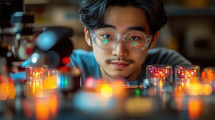Focused young Asian man in glasses examines illuminated electronic components.