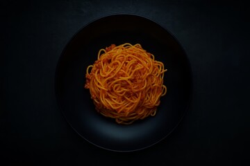 Overhead view of spaghetti with meat sauce on a black plate. (1)