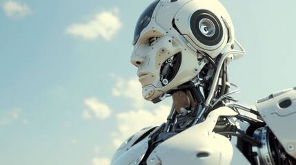 Robotic figure with intricate mechanical parts and digital eyes.