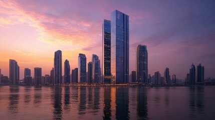 Naklejka premium Modern Urban Skyline Reflection at Sunset with Vibrant Colors
