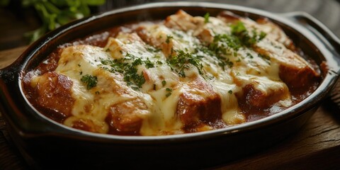 A delicious Mexican dish featuring chicken, enchiladas and a flavorful cheese sauce.
