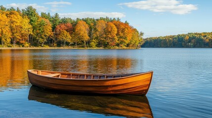 Obraz premium Serene Autumn Lake with Wooden Rowboat Surrounded by Colorful Trees