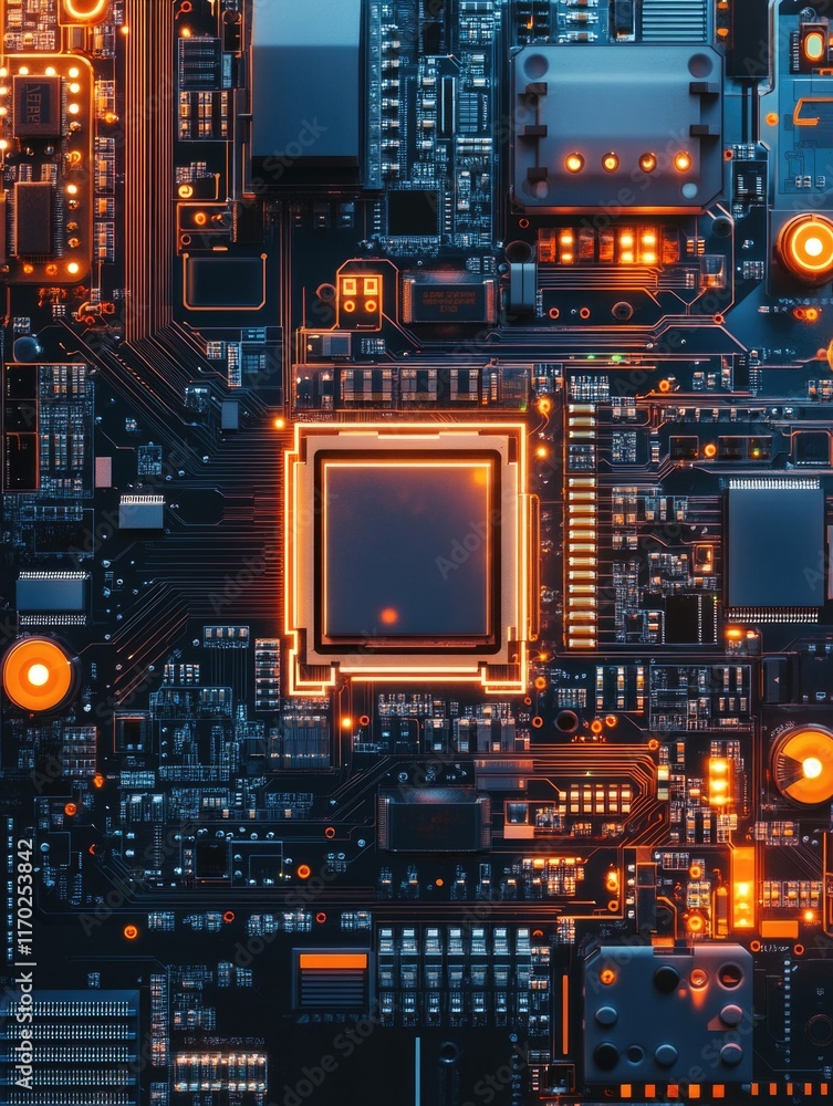Poster detailed image of electronic circuit board with light glowing components, representing advanced tech