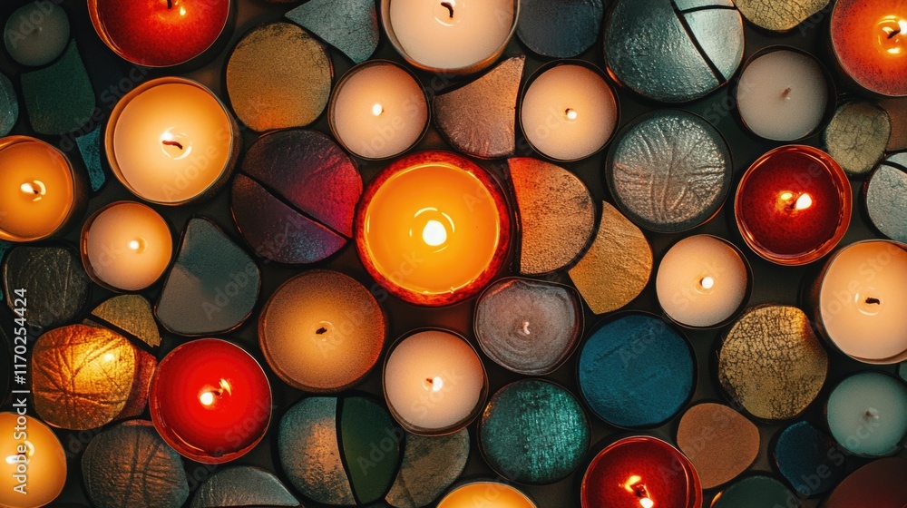Poster bunch of candles are lit up in a room. the candles are of different colors and sizes, and they are a