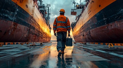 Worker Walking Between Two Ships at Sunset