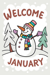 Cheerful Snowman Waving with Welcome January