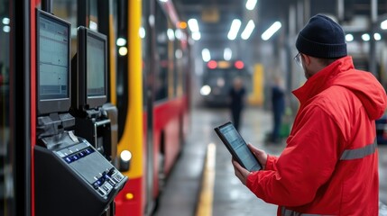 A worker monitors bus operations in a transit facility using a tablet.