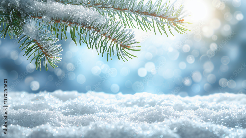 Poster snow-covered pine branch with sparkling winter background..
