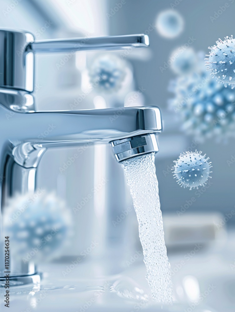 Poster pathogens are prominently displayed on a bathroom faucet handle in a close-up image, demonstrating p