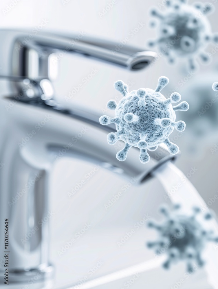 Poster pathogens are prominently displayed on a bathroom faucet handle in a close-up image, demonstrating p