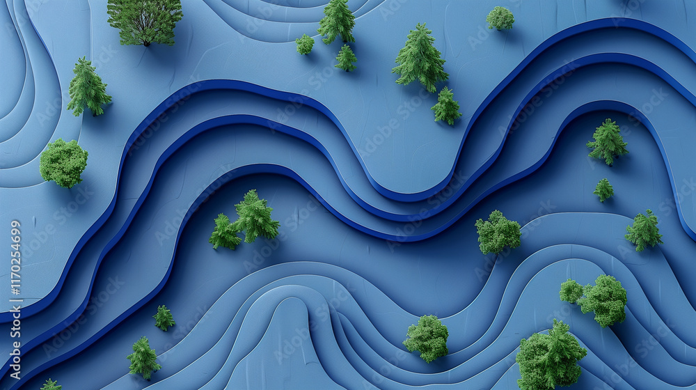 Poster abstract topographic landscape with trees on blue layers..