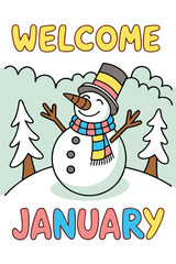 Happy Snowman with Welcome January Text