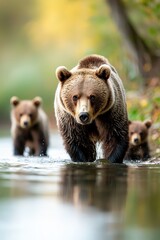 Fototapeta premium A bear catching fish while her cubs wait on the riverbank.