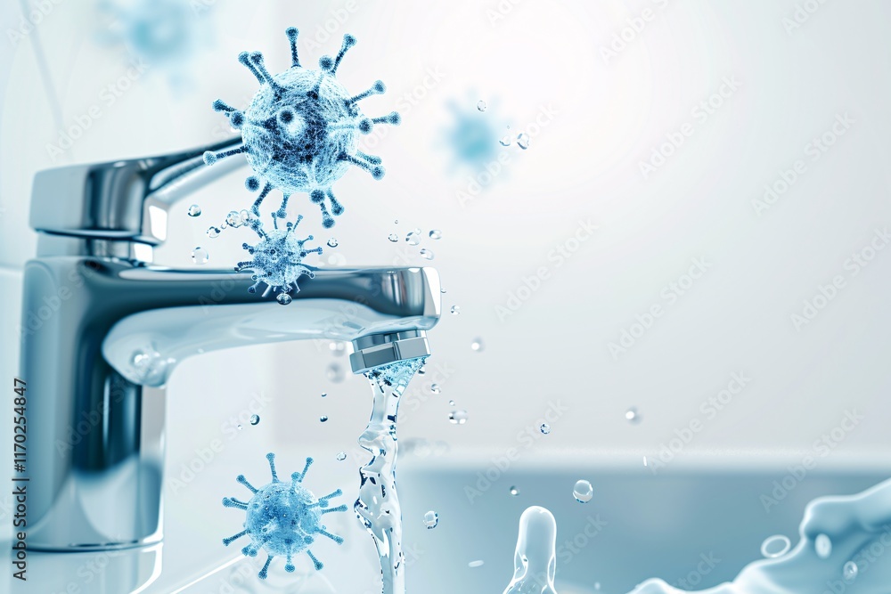 Poster an illustration of a bathroom faucet handle with visible pathogens highlights a common contamination