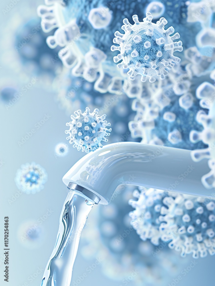 Poster a close-up view of a bathroom faucet handle reveals clusters of germs, making it a focal point for c