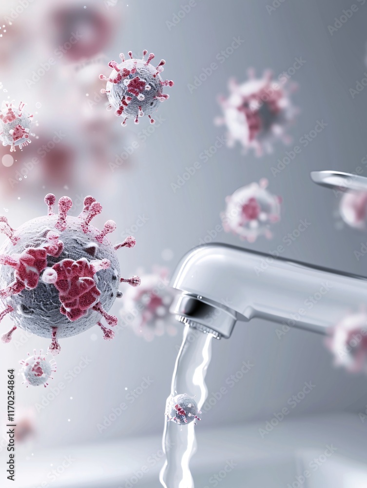 Poster a close-up view of a bathroom faucet handle reveals clusters of germs, making it a focal point for c