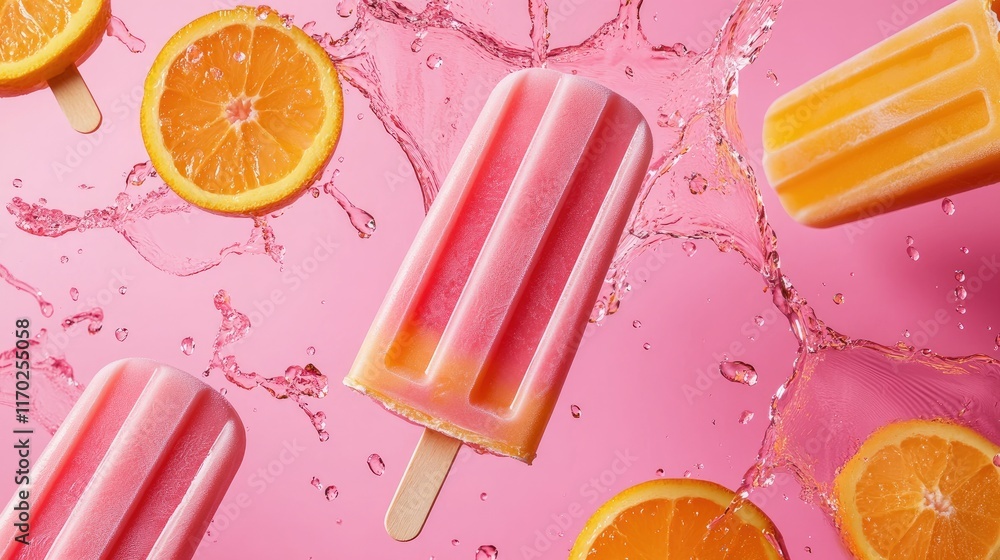 Poster pink and orange popsicles with fruit slices flying and splashes of liquid on a vibrant pink backgrou