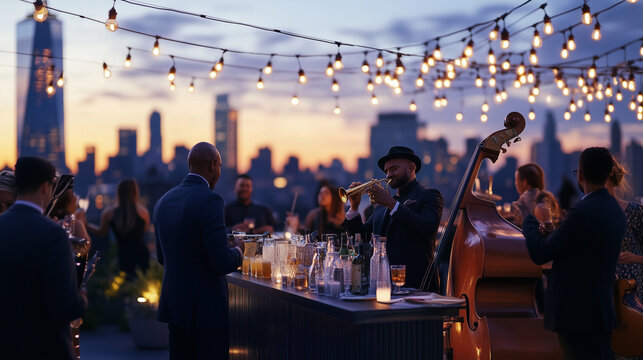 Elegant rooftop event with live jazz band and cityscape at sunset