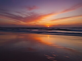 Fototapeta premium Serene Sunset: Vibrant Orange, Pink, and Purple Over a Tranquil Beach