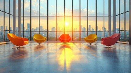 Modern lounge with colorful chairs and sunset view.