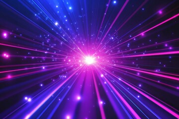 Vibrant purple and blue light rays converge at a bright core, creating a dynamic energy burst effect against a dark background.