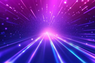 Abstract purple and blue glowing lines converging towards a bright light, creating a futuristic tunnel effect.