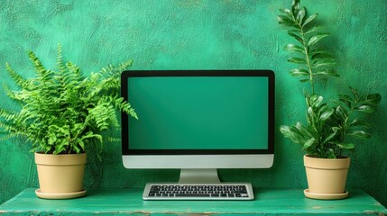 Computer setup with plants on a green background.