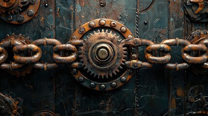 Rusty Gear Mechanism with Links and Industrial Background Texture