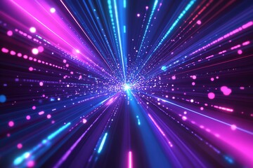 Naklejka premium Abstract light streaks, glowing particles, neon colors, speed, energy, futuristic tunnel.