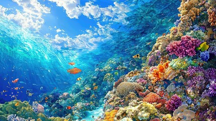 Fototapeta premium Underwater Paradise with Colorful Coral Reef and Vibrant Fish Swim