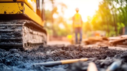Construction site with machinery and a worker in the background during sunset.