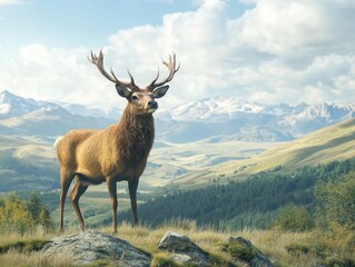 Stunning image of a majestic red deer with large antlers standing in the breathtaking mountainous landscape.