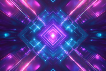 Abstract neon light tunnel with pink and blue glowing lines and geometric shapes.