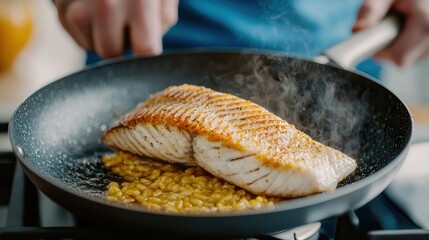 Food bloggers share cooking tutorials. Cooking salmon fillet in a frying pan with corn.